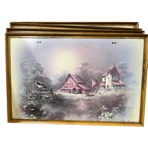 vintage tv trays  set of 4  tray top painting  farmhouse  barn mailbox  READ - Picture 2 of 16